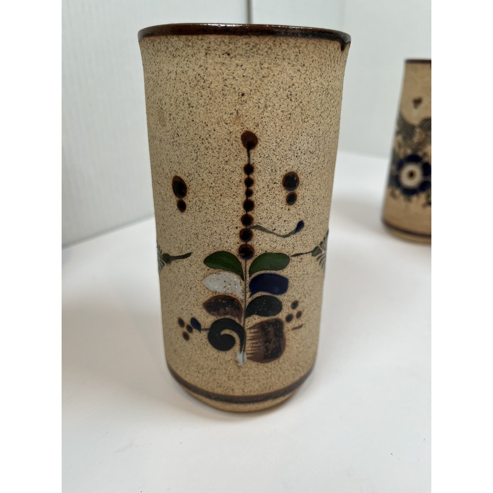 Tonala Pottery Cups Painted Blue Flowers Bird Stone Ware Lot Of 5 Netzi Mexico - Picture 8 of 16